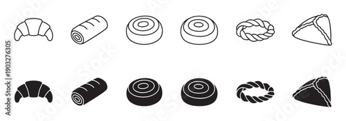 Collection of black bakery icons in outline and silhouette styles featuring various pastries like croissants, buns, rolls, and turnovers for food-related design