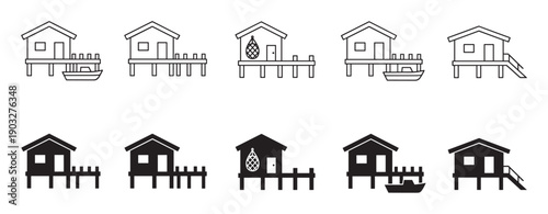 Set of fishing hut icons on stilts presented in two distinct styles, line art and solid silhouette, illustrating simple wooden cabins over water with piers, boats, and nets