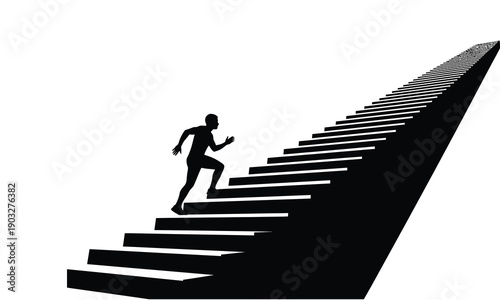 Man running up large staircase reaching for success goal in business