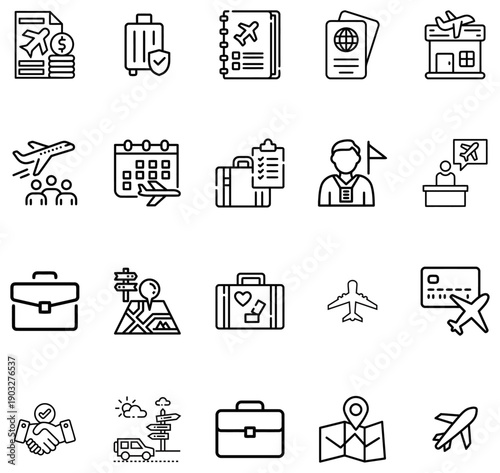 Travel and Aviation Set Airplane Passport Luggage Map and Airport Symbols