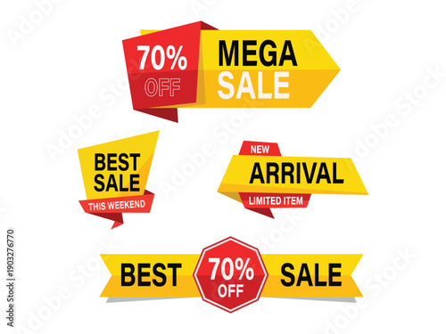Set of sale and discount banners with 70% off, mega sale, best sale, new arrival, and limited item offers