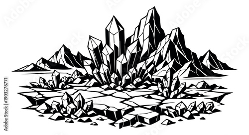 Line art illustration of crystal mountains depicting a jagged fantasy landscape for game design