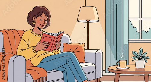 Woman reading a book comfortably on a sofa in a living room.