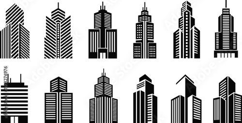 Modern skyscraper building silhouette icon set with urban high rise architecture, black vector illustration collection for city, business, and real estate design