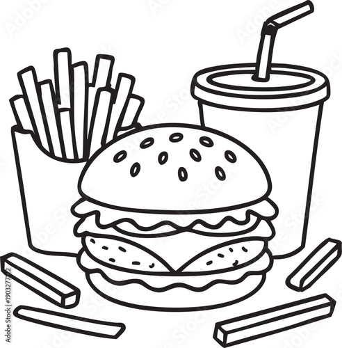 A detailed illustration of a burger with fries and a soda to go with