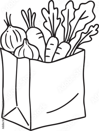 A paper bag filled with fresh vegetables including carrots and onions  healthy eating