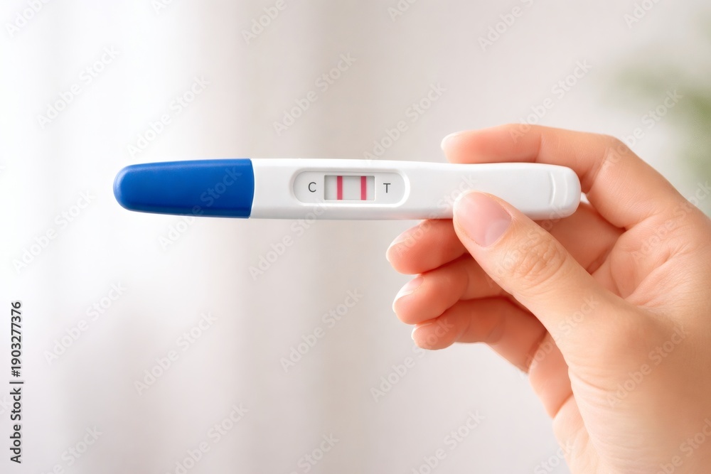 Obraz premium Hand holding pregnancy test showing positive result with two indicator lines on light background.