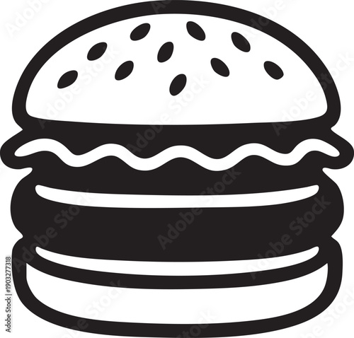Black and white illustration of a hamburger with sesame seed bun and layers
