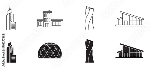 Set of modern building icons featuring skyscrapers, houses, and domes in both line art and solid glyph styles for graphic design and branding