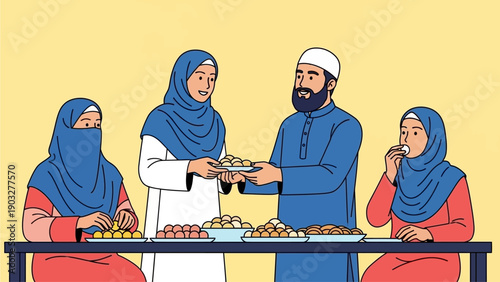 Family sharing traditional meal together at home with a man distributing food