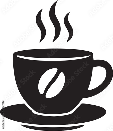 Black cup and saucer with steam and coffee bean on side