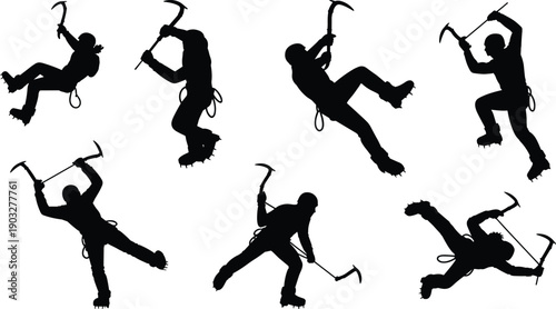 Ice, climbing, silhouettes, set, mountaineer, climber, rope, iceaxe, adventure, sport, extreme, winter, vector, illustration, black, isolated, collection, design