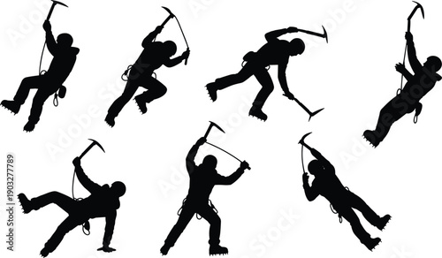 Ice, climbing, silhouettes, collection, mountaineer, climber, pickaxe, rope, adventure, sport, extreme, winter, vector, illustration, black, isolated, set, design