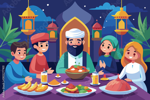 Family Gathering Around Dinner Table Under Starry Night with Lanterns