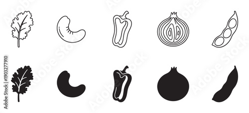 Collection of minimalist food icons featuring vegetables and a nut, presented as both simple black line art drawings and solid silhouette shapes