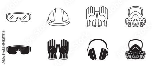 Set of personal protective equipment icons for industrial safety, including a hard hat, goggles, gloves, earmuffs, and a respirator mask in both black line art and solid silhouette styles
