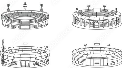 Vector illustration of circular stadium icons, sports arena architecture drawing, modern event venue sketch, football coliseum structure design outline