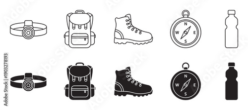Set of black hiking equipment icons featuring a headlamp, backpack, boot, compass, and water bottle in two distinct styles, line art outline and solid black silhouette glyph