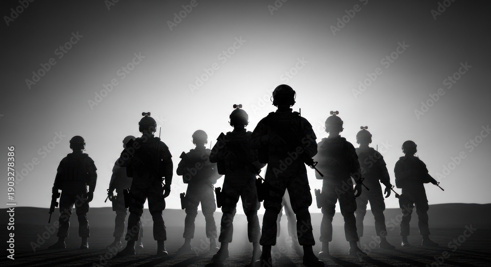 Fototapeta premium Soldiers stand in shadows, armed figures against a bright, faded sky