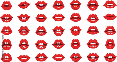 Red lips expressions vector set featuring feminine mouth emotions, lipstick makeup styles, sensual smiles, and pop art fashion elements for beauty, cosmetics, and graphic design