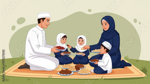 A family gathering together on a mat to share a meal and celebrate a special occasion in a serene outdoor setting from a high viewpoint