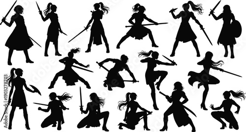 Female Warrior Silhouette Action Pose Set with Swords Showing Combat Stances Fantasy Fighting and Heroine Characters for Game Design Illustration and Epic Storytelling
