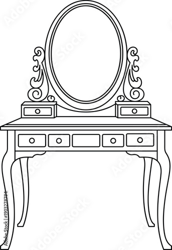 Vanity table drawing, makeup table illustration, dressing table sketch, vintage vanity design, mirror with drawers, classic furniture art