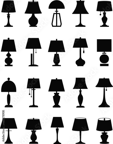 Variety of lamp silhouettes, table lamps collection, different lamp designs, interior lighting, decorative lamps, vintage and modern styles, home decor ideas