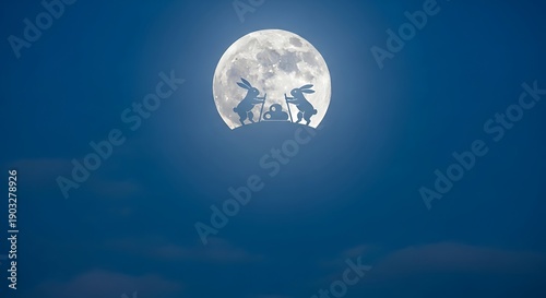 Two rabbits playing musical instruments in front of a full moon silhouette