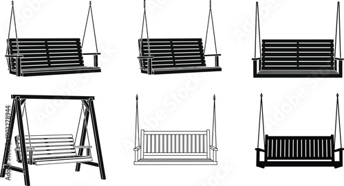 Garden Swing Bench Illustration Set, Hanging Wooden Porch Swings with Chains, Outdoor Furniture Designs, Relaxation Seating, Black and White Vector Collection