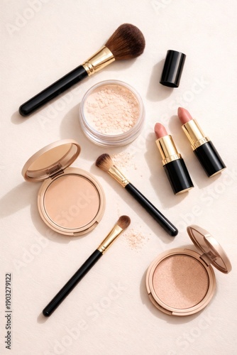 Wallpaper Mural Makeup products arranged in flat lay composition with brushes, powder, lipstick, and compact cosmetics on light background. Torontodigital.ca