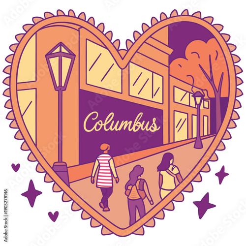Columbus Indiana Nightlife and Shopping Street View in Heart Frame