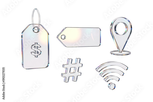 Collection of silver icons for e-commerce and technology isolated on transparent background