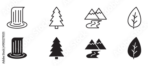 Set of black nature icons in line and glyph styles featuring a waterfall, pine tree, mountain with a river, and a leaf for environmental or travel concepts