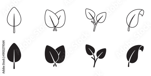 Set of black leaf icons in line art and solid silhouette styles, featuring various simple plant, sprout, and foliage shapes for graphic design and nature concepts