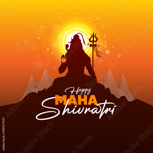 Blessing pose of Lord Shiva with happy maha shivratri typo and festive background.