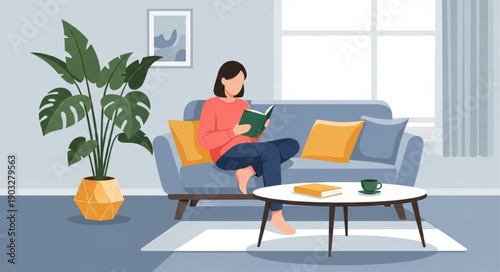 Woman reading a book on the sofa in a cozy living room.