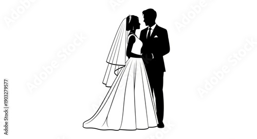 Wedding Couple Silhouette Bride Groom Elegant Dress Veil Suit.