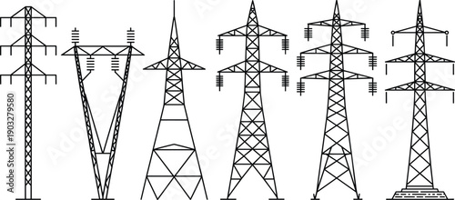 Various high voltage power transmission towers and pylons, electrical infrastructure, energy distribution system, electric grid structures, utility poles, vector line art
