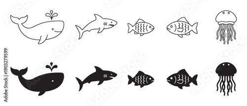Black sea animal icons and outlines collection featuring a cute whale, shark, fish, and jellyfish in a simple minimalist cartoon vector illustration style for graphic design