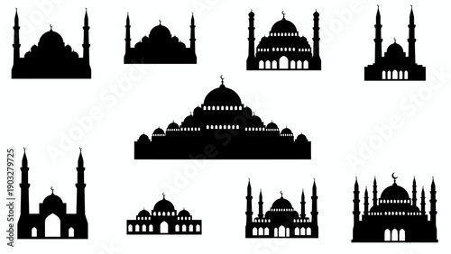 Collection of Mosque Silhouettes Against a Plain Background from Various Viewpoints