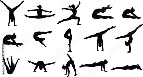 Gymnastics and yoga athlete silhouettes performing acrobatic and fitness poses, dynamic body movements showing strength, balance, and flexibility isolated on white background