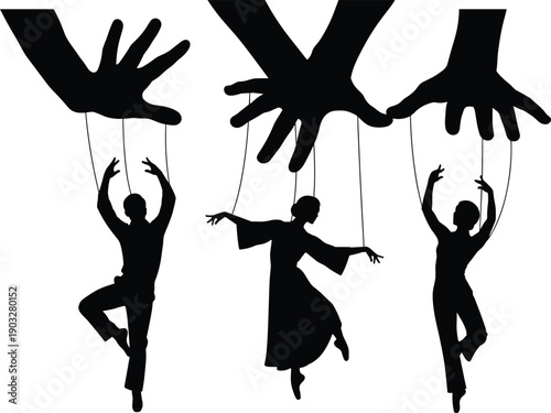 Silhouette of people as marionette puppets controlled by giant hands symbolizing manipulation power influence control and loss of freedom conceptual vector art
