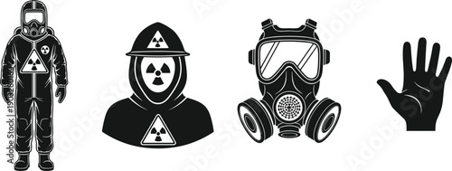 Hazardous materials protection silhouette icons including hazmat suit radiation worker gas mask respirator and safety glove isolated on white background
