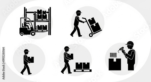 Warehouse workers performing various logistics tasks with boxes and equipment.
