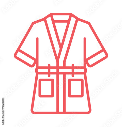 Red outline icon of a bathrobe with short sleeves, a tie belt, and two front pockets, isolated on white.