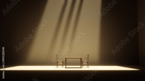 A minimalist room with a table and chairs.