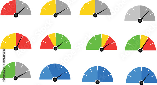 Speedometer gauge icon set with colorful performance meters, dashboard indicators showing low, medium and high levels for analytics and user interface design