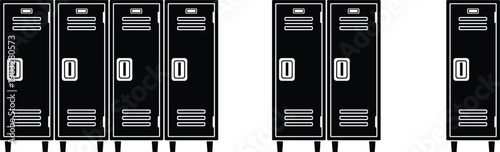 Black metal lockers silhouette icons set with industrial storage cabinets furniture symbols for school gym office vector design