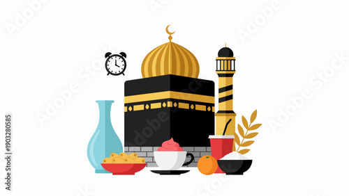 Ramadan celebration illustration featuring mosque, clock, and traditional items on a decorative arrangement from a frontal viewpoint